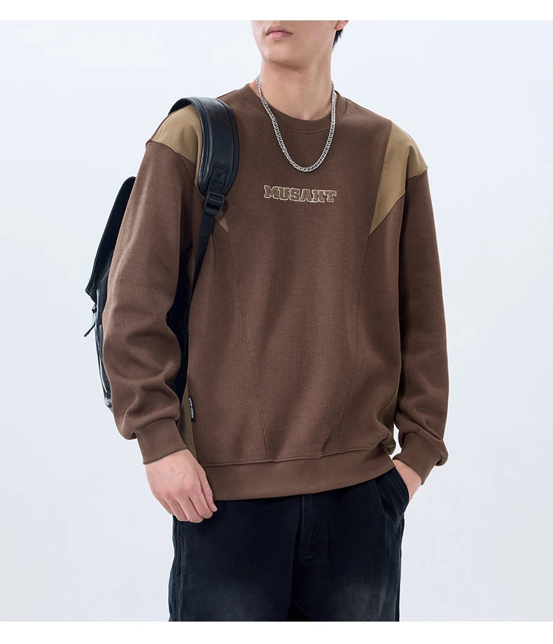 Men Handsome Splice Embroidery Fashion Loose Casual Pullover Sweatshir