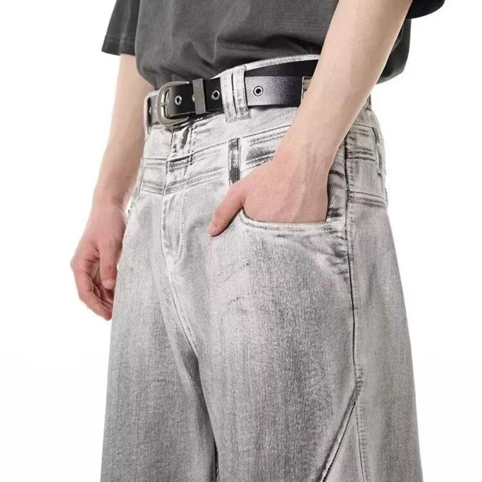street mens jeans hip hop double waist head gradient smudging trend denim pants y2k 2024 new streetwear american cowboy trousers unique jeans style 471