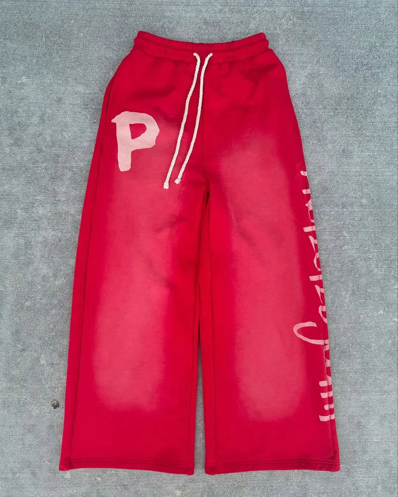 street wear mens black and red fashionable loose pants y2k straight leg cotton pants sport simple side letter casual pants unique default style 2426