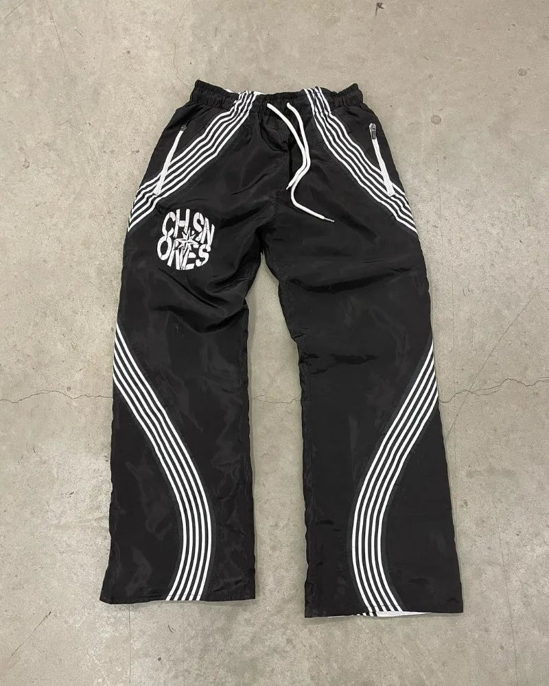 american high street fashion striped letter printed trousers men y2k harajuku retro personality casual oversized wide leg pants unique default style 3464
