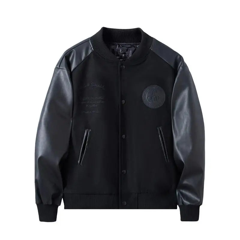 leather varsity coat, fall winter style, men's streetwear fashion, oversized urban jacket, high quality cold-weather coat