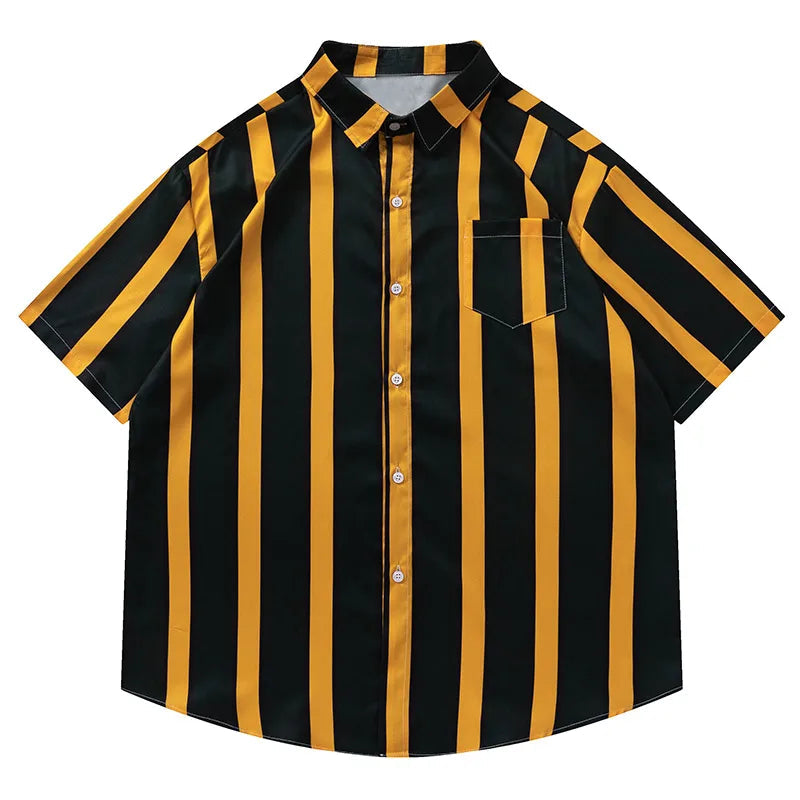 Shirt Contrast Vertical Stripes Simple Short Sleeve Blouse Casual Fashion Streetwear