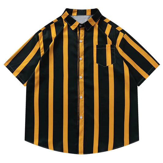 Shirt Contrast Vertical Stripes Simple Short Sleeve Blouse Casual Fashion Streetwear