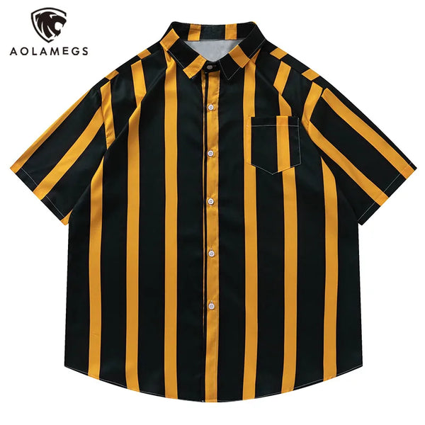 Men Hawaiian Shirt Contrast Vertical Stripes Simple Short Sleeve Blouse Casual Fashion Streetwear Summer Harajuku Beach Tops