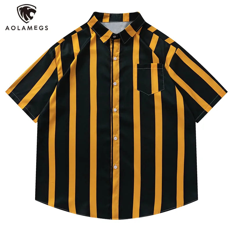 Men Hawaiian Shirt Contrast Vertical Stripes Simple Short Sleeve Blouse Casual Fashion Streetwear Summer Harajuku Beach Tops