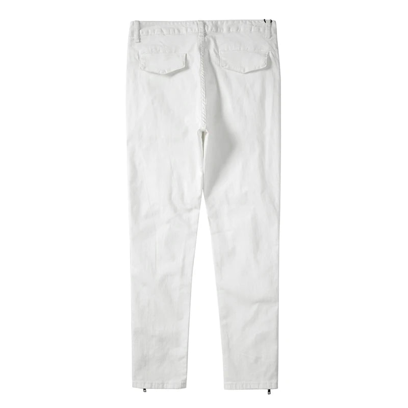 mens hole ripped white ankle zipper button jeans pants straight pockets solid color high street retro loose denim trousers unique jeans style 235