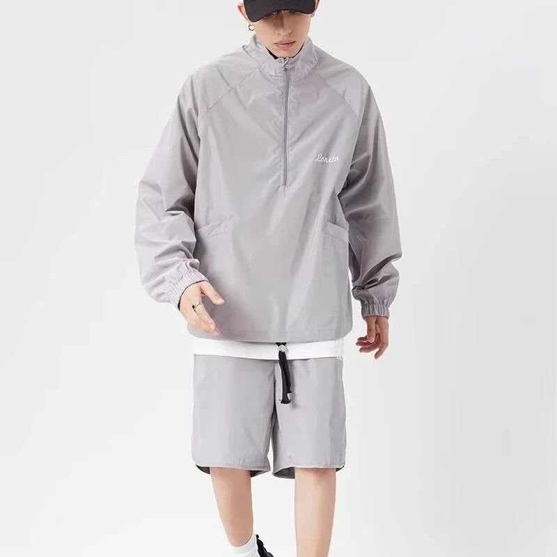 quick drying two piece set men loose casual street sweatshirt shorts y2k stand collar casual loose lightweight suits american relaxed fit shorts