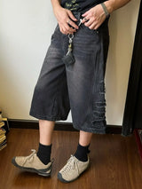 mens hip hop washed denim shorts broken hole folds burr edge street punk cowboy middle pants pockets bomber quarter pants y2k unique jeans style 4920