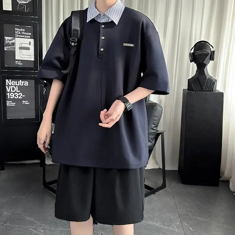 Harajuku Barcode glitch – Summer Street Handsome Patchwork Polo Shirt Short Sleeved Me