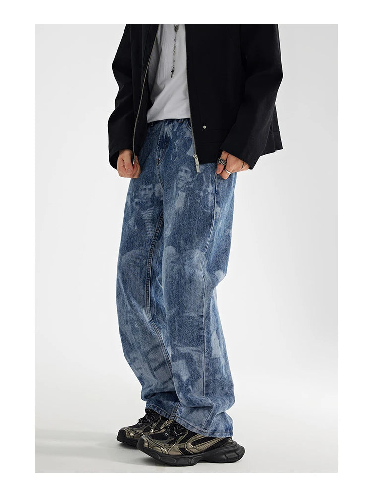 designer human printed denim jeans mens new casual zipper straight hip hop jeans streetwear baggy pants joggers graphic jeans unique joggers style 677