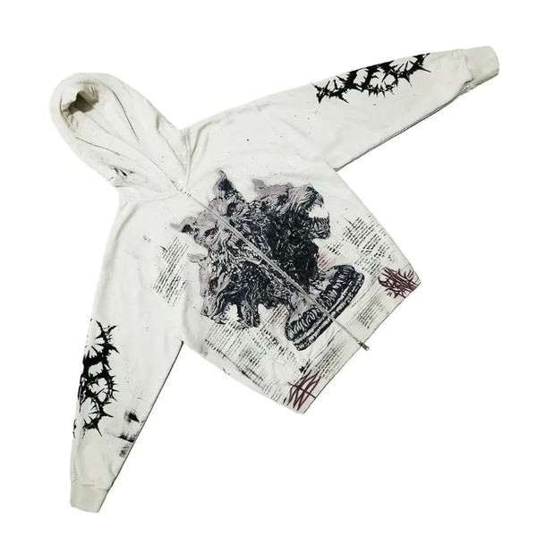 American High Street Fashion Brand Anime Graffiti Print Zipper Hoodie