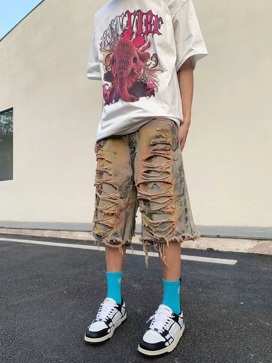 destroy ripped big holes spliced denim jeans shorts hip hop loose short pant harajuku half baggy jeans mens summer casual shorts unique jeans style 2673