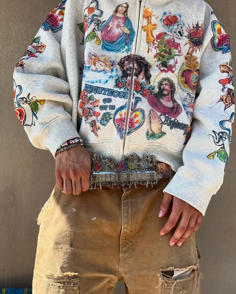 American Street Goth Harajuku Cartoon Print Oversized Sweatshirt Men Y