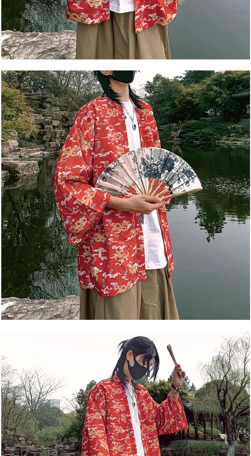 Japanese Style Men's Lightweight Kimono Jacket Dragon Print Kimono Cardigan New Arrival Street Shirt Harajuku Kimono Couple Tops