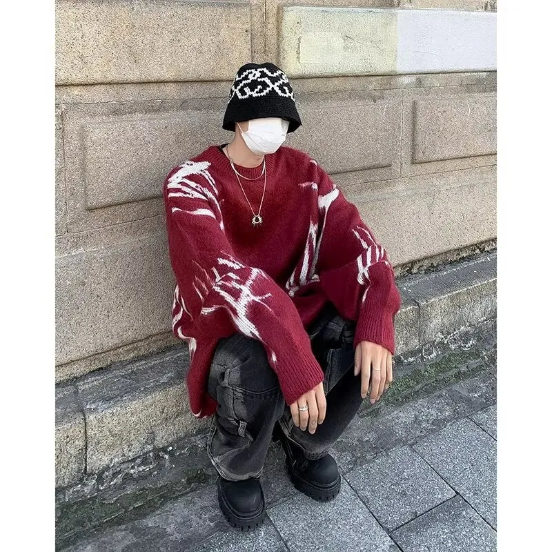 varsity flame knitwear, statement sweater, cozy knitwear for men, oversized grunge aesthetic winter top