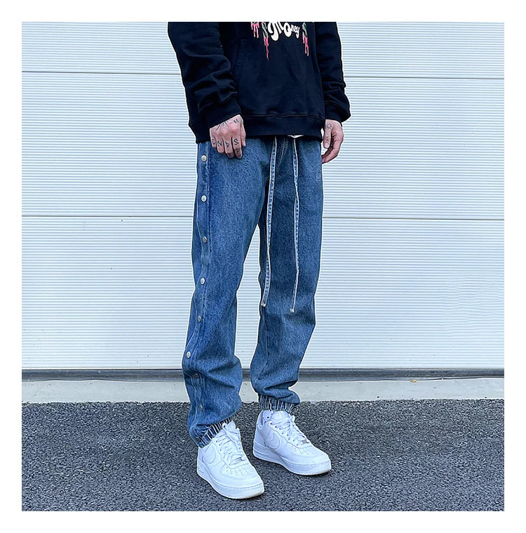washed distressed denim sweatpant cashew flower patchwork oversized splice buckle jogging jeans casual button baggy men clothing unique joggers style 4366