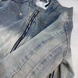 menswear fashion piece featuring collarless wash denim motorcycle jacket design – premium quality jacket for men