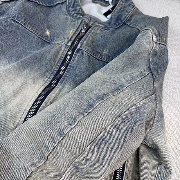 menswear fashion piece featuring collarless wash denim motorcycle jacket design – premium quality jacket for men
