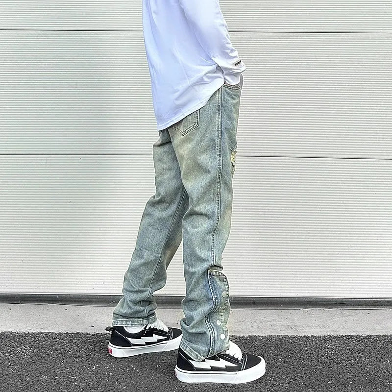 y2k streetwear side zipper buckle baggy pencil jeansfor menwshed hole ripped distressed pantalones hombre loose denim trousers ripped baggy denim
