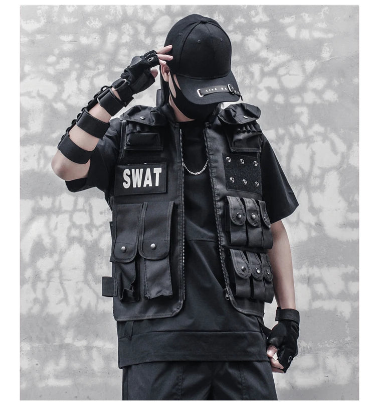 winter street style featuring hip hop sleeveless vests adjustment cargo waistcoat with pockets zipper military jacket fashion streetwear mens tactical vests design – premium quality jacket for men
