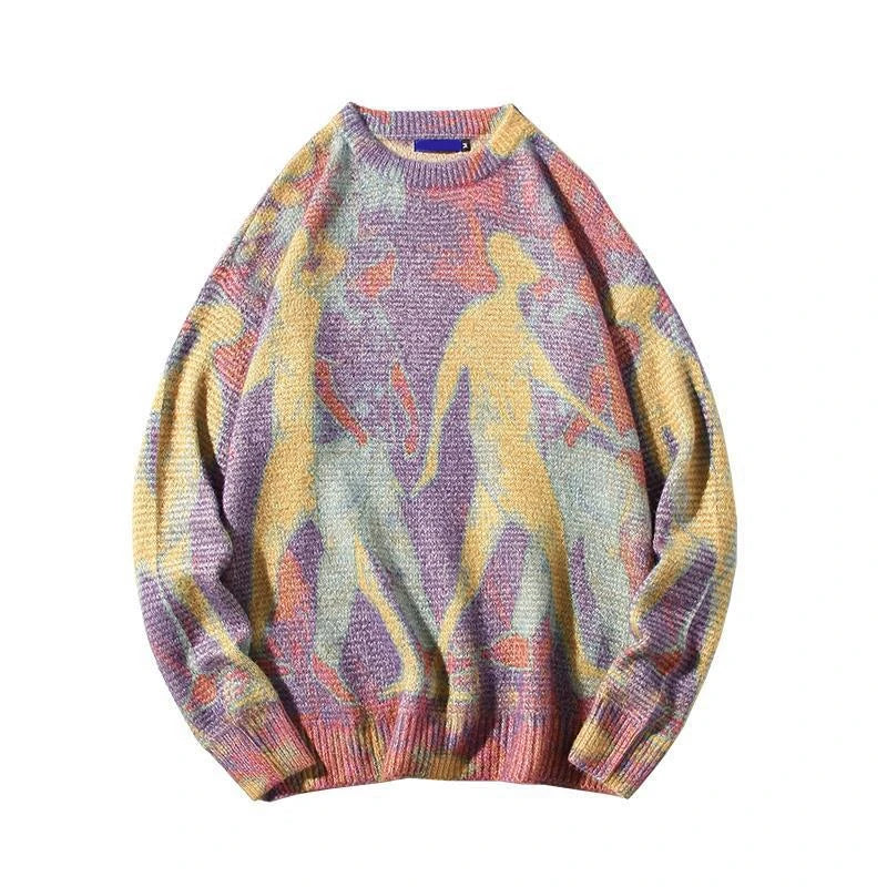 rainbowtouches men sweater high street printing graffiti purple pullover vintage round neck knitted sweater spring and autumn - oversized streetwear hoodie, trendy hip hop fashion hoodie, vintage look oversized hoodie