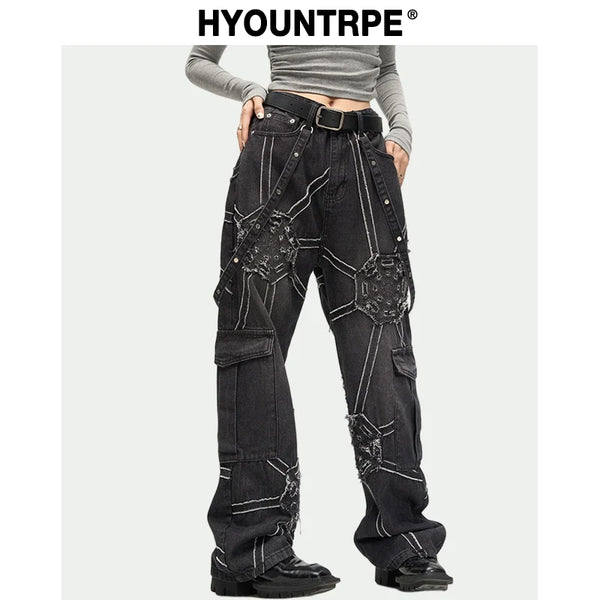 punk belt denim jeans pants women harajuku streetwear side pocket cotton men unisex casual baggy joggers straight pants trousers sporty tapered joggers