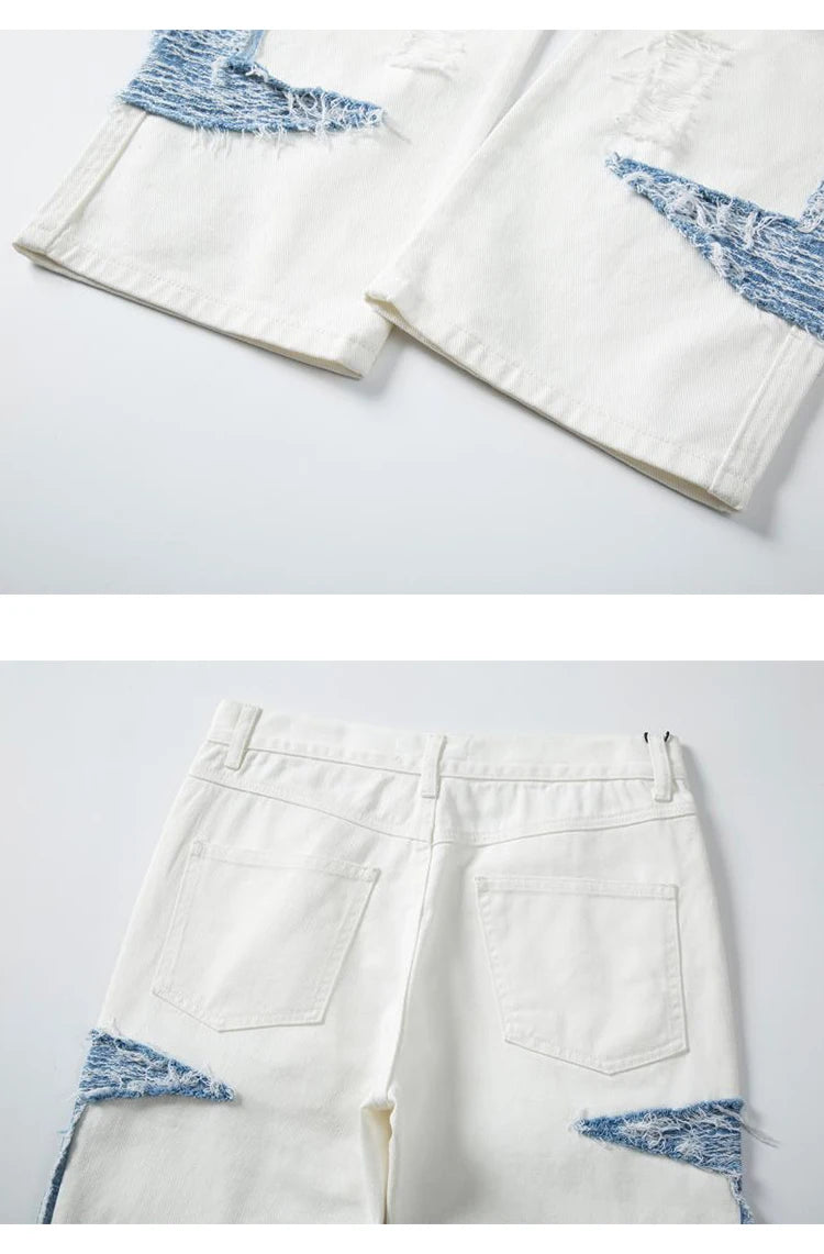 mens high street denim jean pants casual loose destroyed ripped holes straight jeans side patchwork hip hop streetwear joggers unique joggers style 2754
