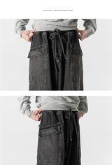 large size jeans basic denim pants solid color mens casual wide leg pants waist elastic hip hop baggy man trousers unique jeans style 387
