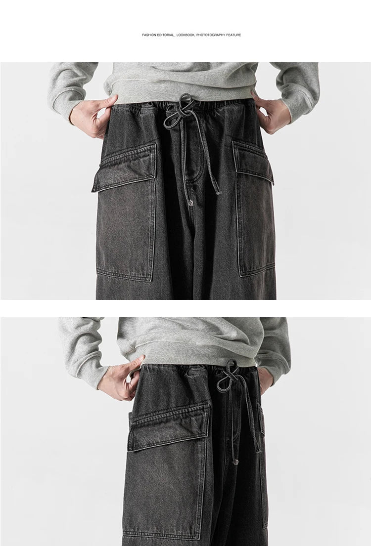 large size jeans basic denim pants solid color mens casual wide leg pants waist elastic hip hop baggy man trousers unique jeans style 387