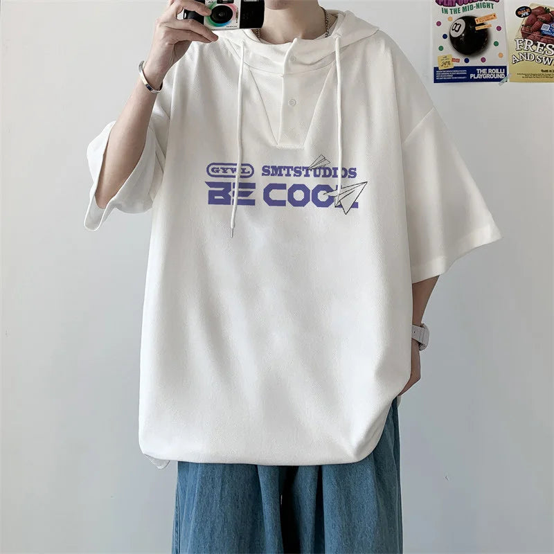 Harajuku Vintage anime – New Mens Casual Hooded Y2K T Shirt Summer Short Sleeve