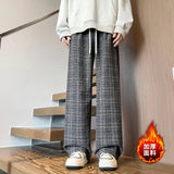 mens plaid pants baggy winter trendy fleece loose straight wide leg mopping trousers unisex thick velvet warm long pants unique default style 1126