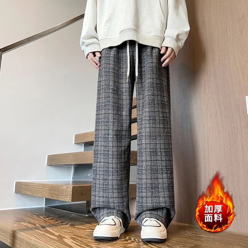 mens plaid pants baggy winter trendy fleece loose straight wide leg mopping trousers unisex thick velvet warm long pants unique default style 1126