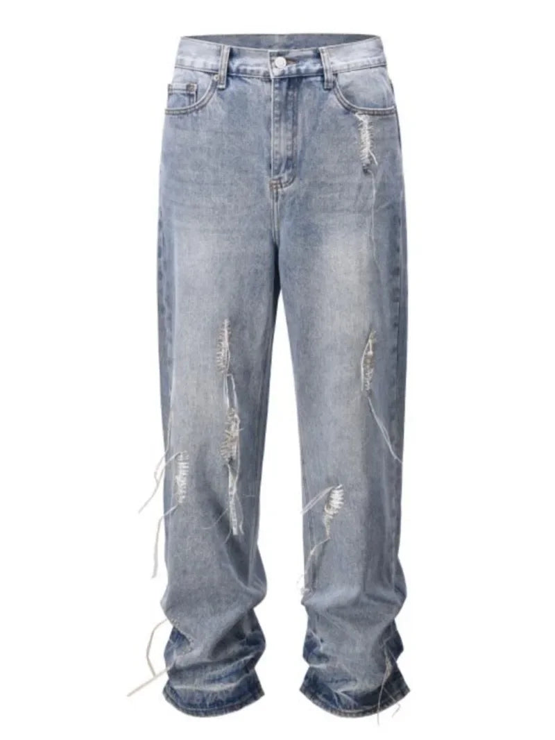 fashion loose streetwear denim jeans new casual wide legs straight jean pants hip hop tassel joggers baggy jeans men clothing streetwear sweatpants