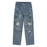 mens baggy jeans side big pocket distressed ripped denim jean straight pants high street cargo jean pants hip hop joggers jeans unique joggers style 2997