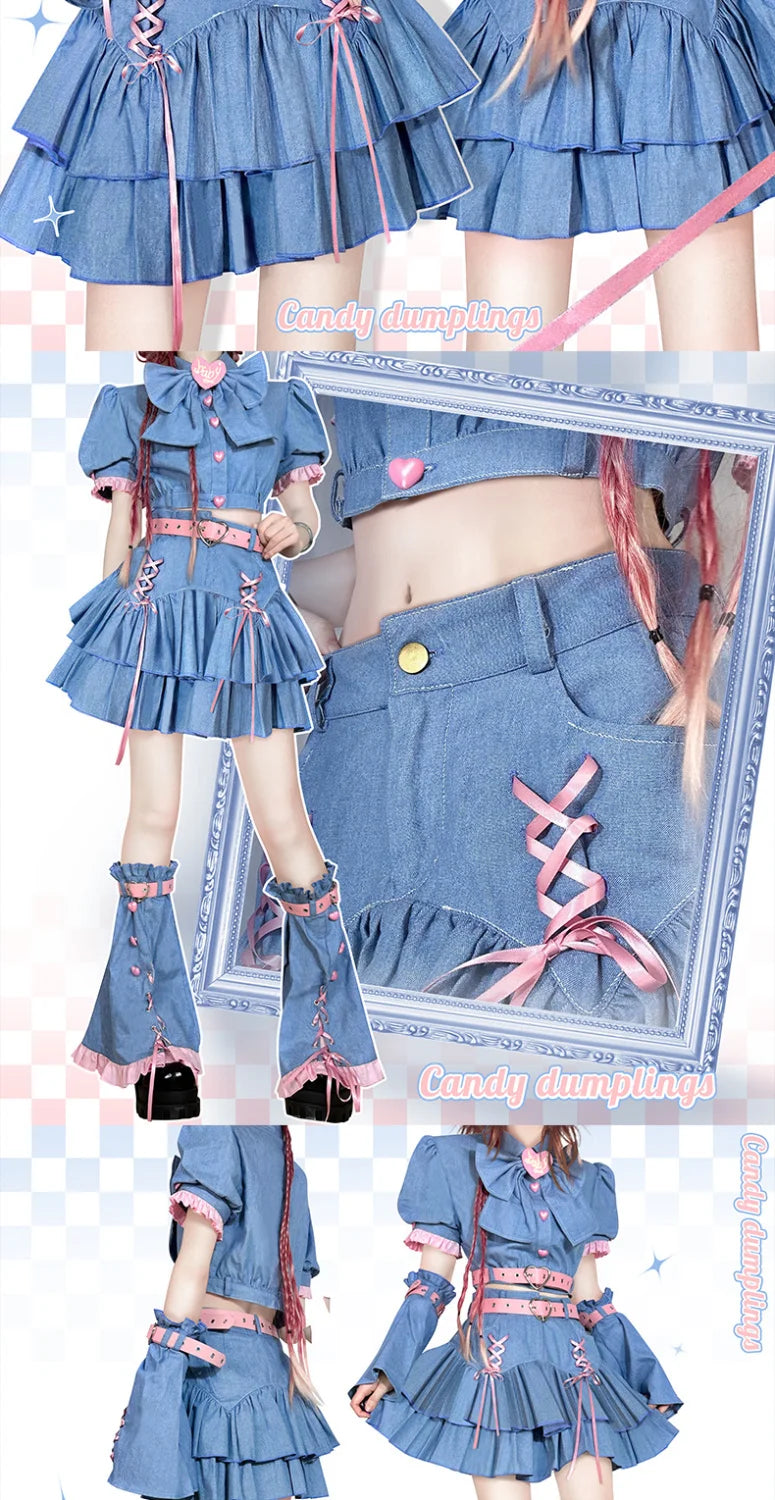 Y2K Set Sweetheart Spicy Girl dress skirt sets Women's 2023 Summer Bubble Sleeve Bowtie Campus Style 2 piece sets womens outfits