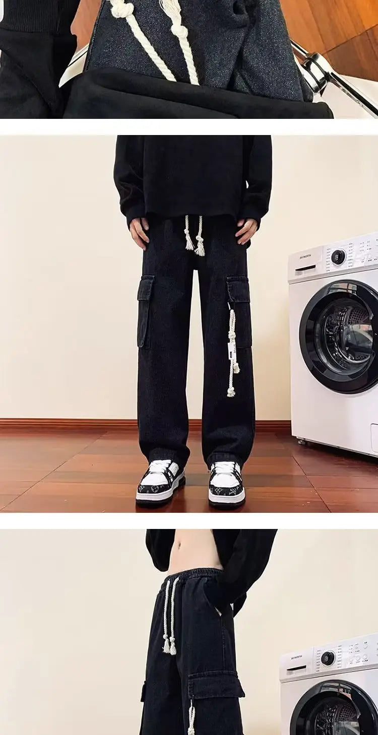 american retro and personalized straight leg jeans for men and women with hiphop big pocket design work pants loose casual pants unique jeans style 770