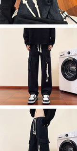 american retro and personalized straight leg jeans for men and women with hiphop big pocket design work pants loose casual pants unique jeans style 770