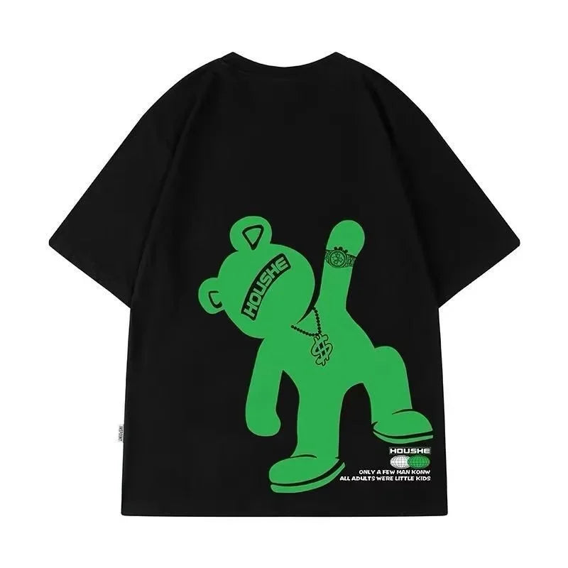 Glitchcore Chrome print – Summer Creative Cartoon Bear Printed T Shirt For Men Short S
