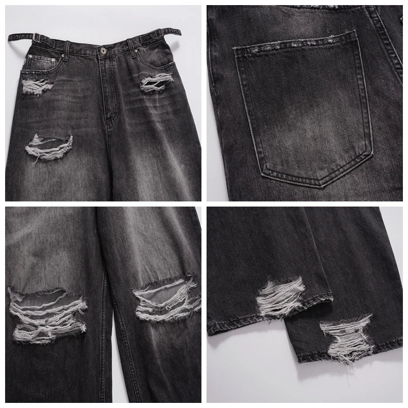 baggy ripped jeans damaged heavy industry washed jeans mens vintage vibe loose casual straight worn pants denim trousers unique jeans style 628