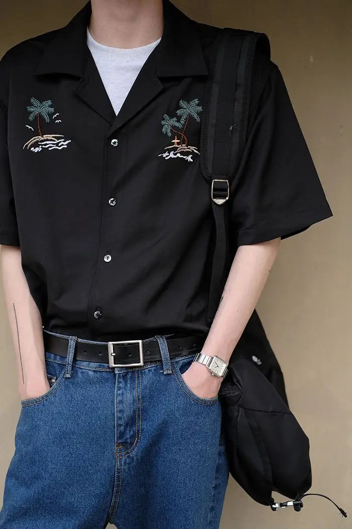 Loose shirt men s coconut tree national trend uban collar ins beach shirt retro