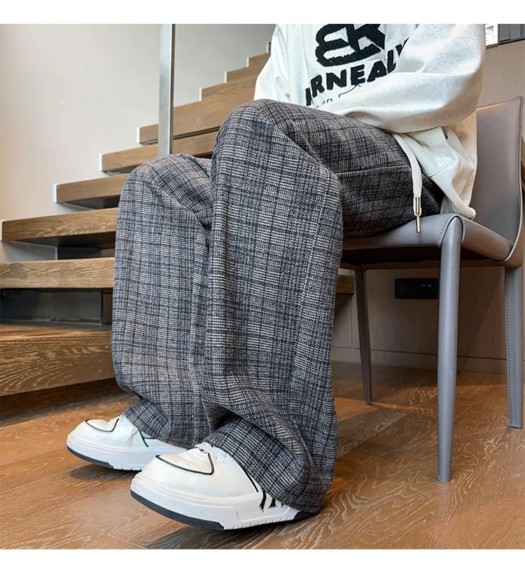 mens plaid pants baggy winter trendy fleece loose straight wide leg mopping trousers unisex thick velvet warm long pants unique default style 1123