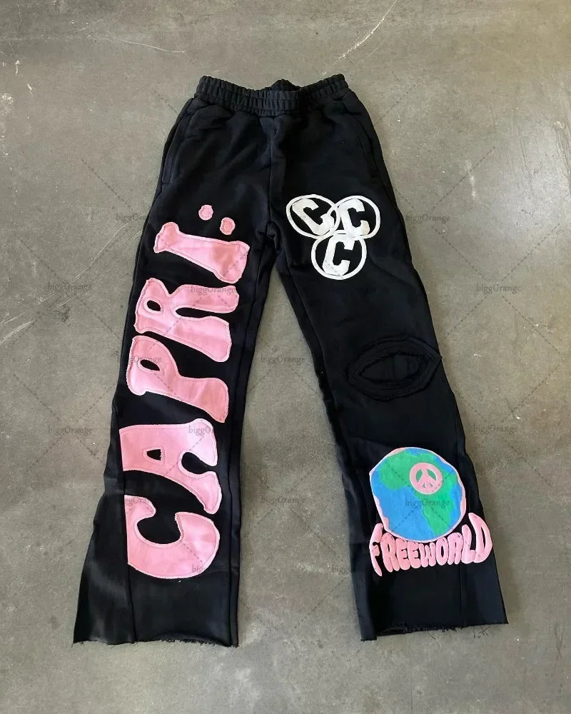 european and american new embroidered oversized trousers men y2k trendy hip hop knitted pants loose casual wide leg pants women unique default style 3614