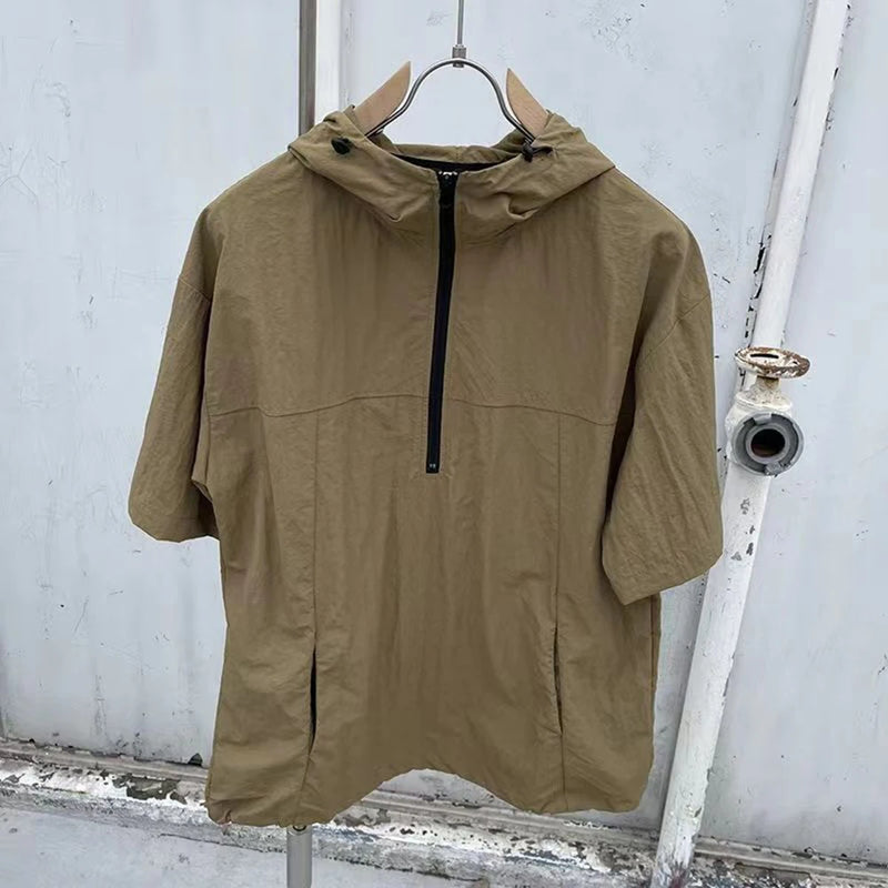 Mens Y2k Two-Piece Set 2024 Summer New Casual Loose High-Quality Zipper Fashion Hooded Work Top Solid Color Trendy Shorts Set