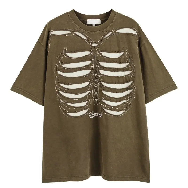 Skatercore Top – Fashion Skull Skeleton Holes Harajuku O Neck T Shirt – Urban Streetwear for Men & Women
