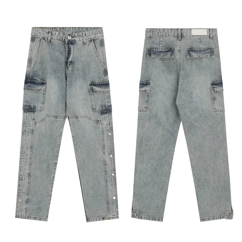 men fashion denim jeans casual bottom button open straight jeans with pockets hip hop streetwear zipper cargo joggers jean pants unique joggers style 2506