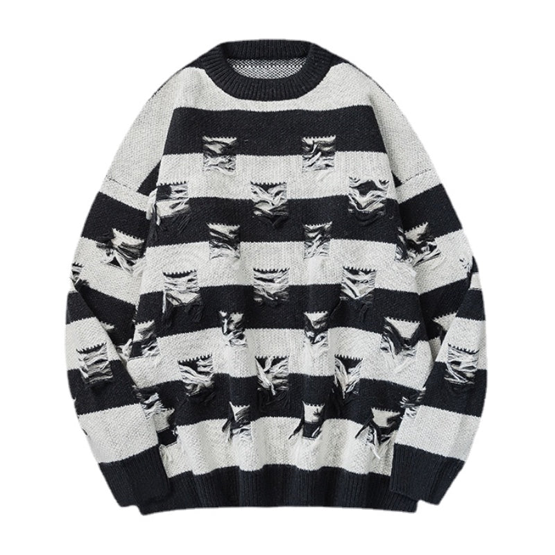 hip hop destroyed ripped holes knitted sweater mens casual striped pullover sweater unisex harajuku streetwear new autumn jumper - urban fashion pullover, anime inspired graphic hoodie, unisex casual winter pullover