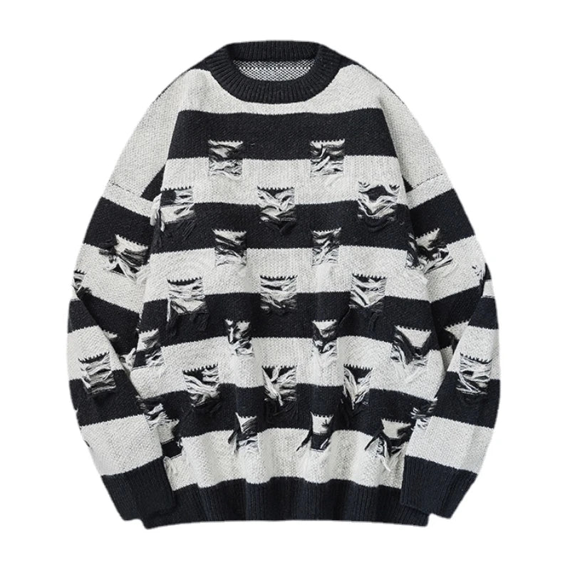 hip hop destroyed ripped holes knitted sweater mens casual striped pullover sweater unisex harajuku streetwear new autumn jumper - gothic aesthetic hoodie for winter, graphic printed hoodie for men and women, soft fleece-lined outerwear