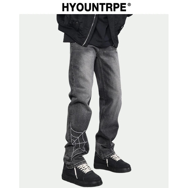 mens hip hop streetwear denim pants cobweb embroidery denim pants 2023 harajuku zipper cotton joggers jeans trousers harem pants relaxed fit joggers