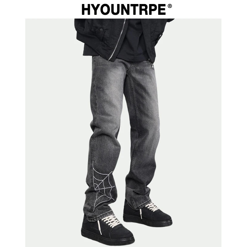 mens hip hop streetwear denim pants cobweb embroidery denim pants 2023 harajuku zipper cotton joggers jeans trousers harem pants relaxed fit joggers