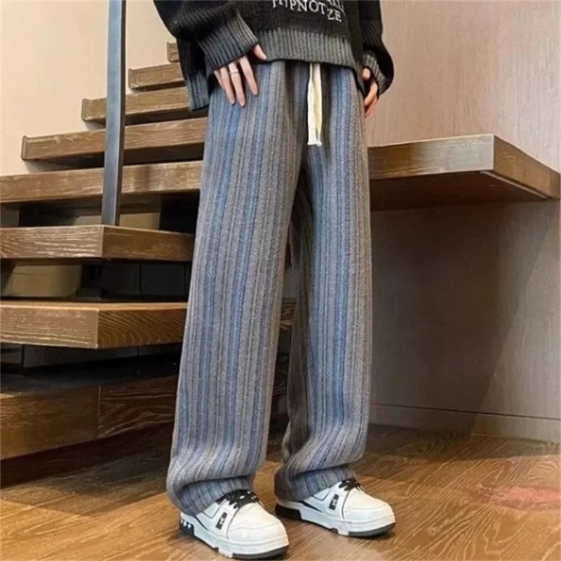 autumn striped woolen straight leg pants for men classic y2k vintage baggy trousers new casual high street fashion sweatpants relaxed fit joggers